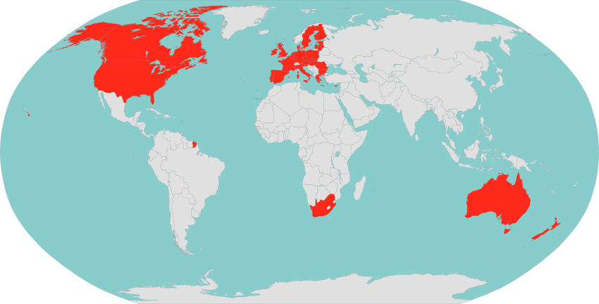 A World Map With North America, Europe, Australia, - Western World (852x432), Png Download