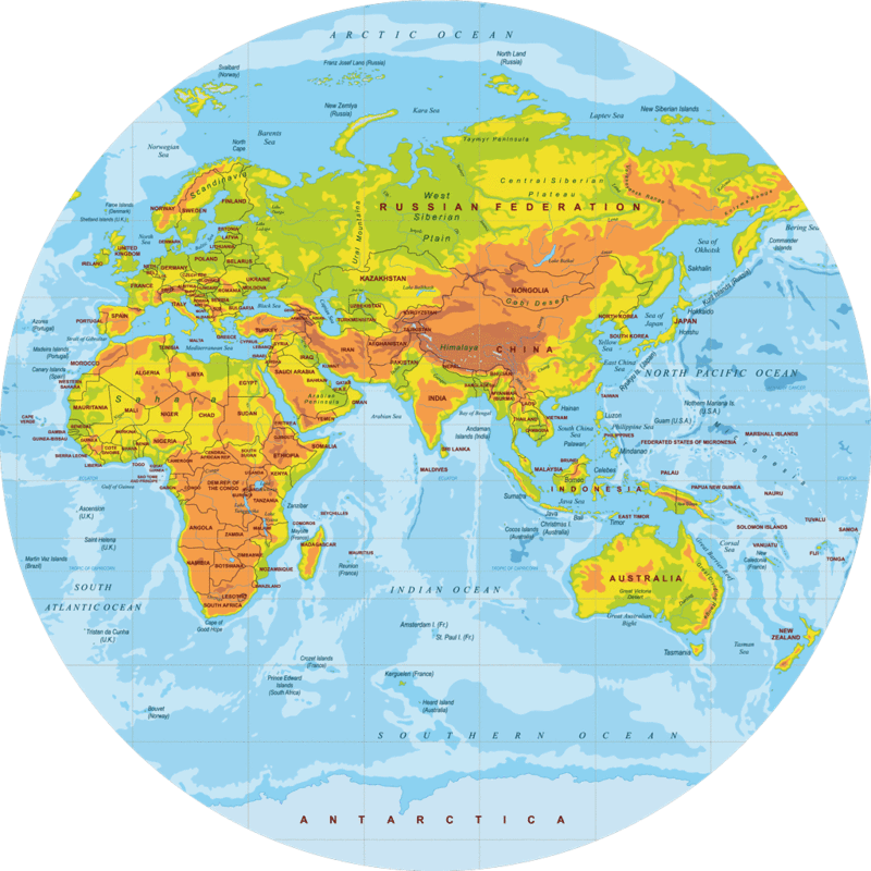 Physical World Map Linoleum Round Mat E-1 - World Map Round (800x800), Png Download