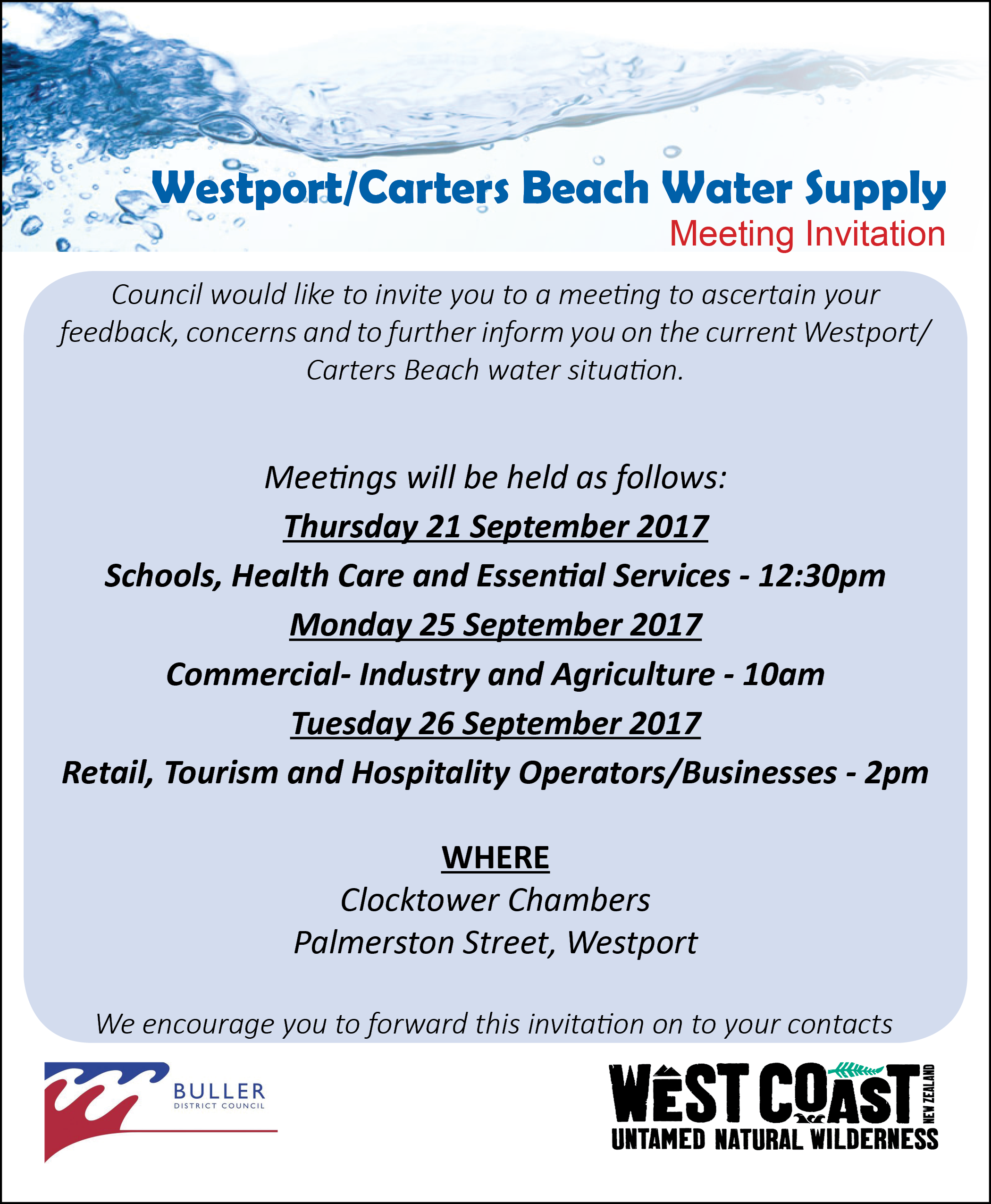 Westport/carters Beach Water Supply Meetings - Buller District Council (2100x2550), Png Download