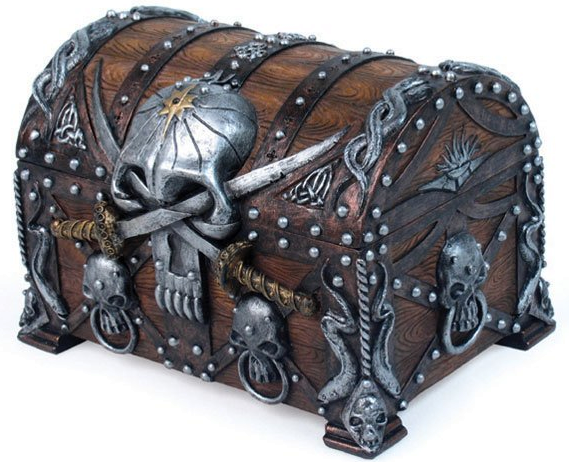 Jewelry Box Chest Crossed Blades Pirate Skull Bucaneer - Pirate Treasure Chests (569x462), Png Download