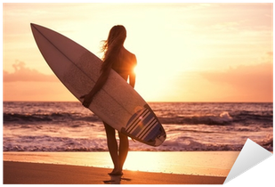 Silhouette Surfer Girl On The Beach At Sunset Sticker - Girl Beach Surf (400x400), Png Download