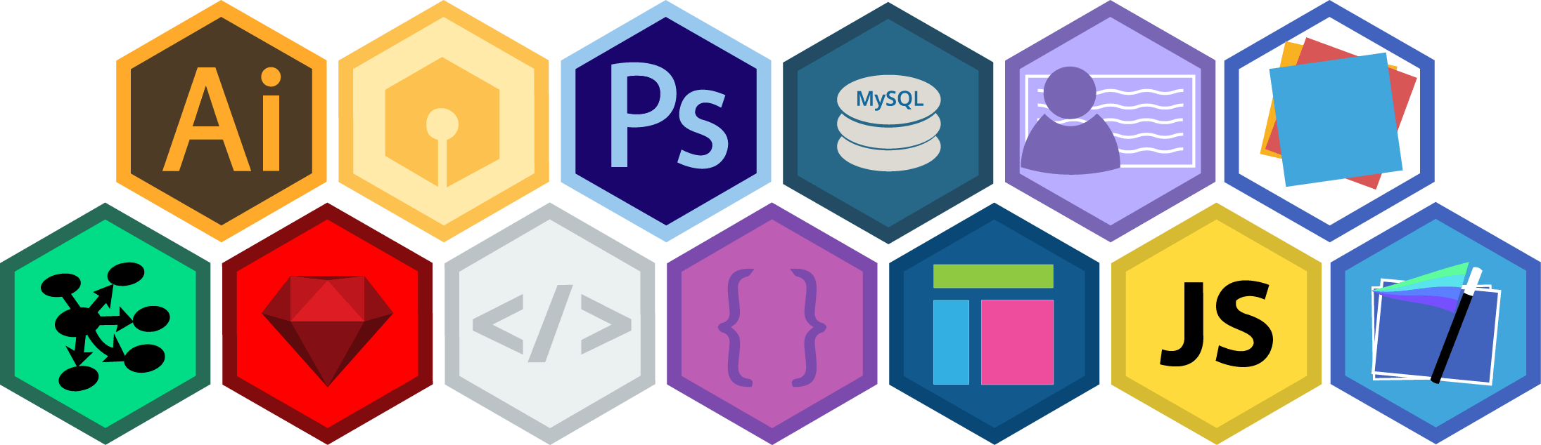 Flat Hexagon Skill Icons & Badges Vector - Hexagon Badges (2191x634), Png Download