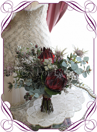 A Dark Red Protea Australian Native Silk Artificial - Blue Rustic Wedding Bouquets For Sale (324x438), Png Download