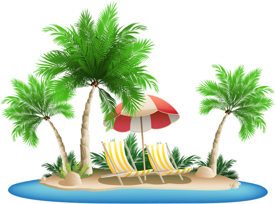 Beach Umbrella With Chairs And Palm Island Png Clipart - Palm Tree Beach Clipart (600x442), Png Download