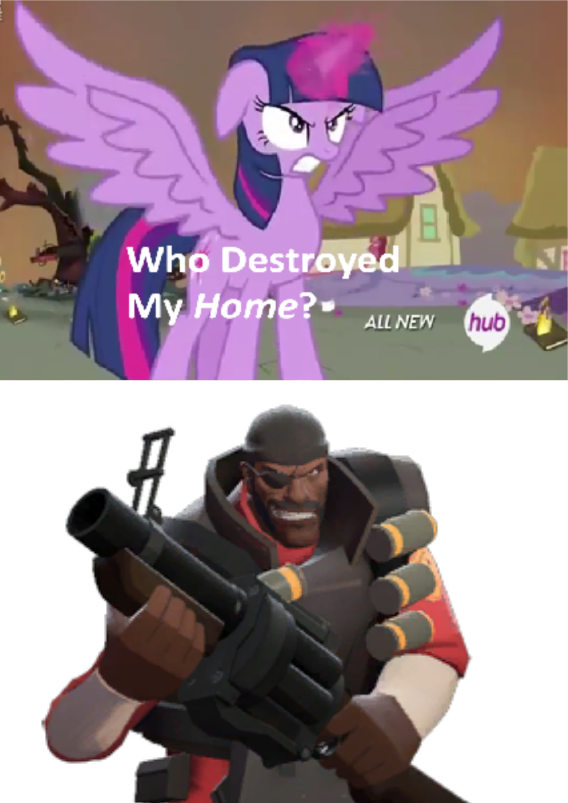 Alicorn, Demoman, Exploitable Meme, Female, Hub Logo, - Destroyed My Home Meme (568x803), Png Download