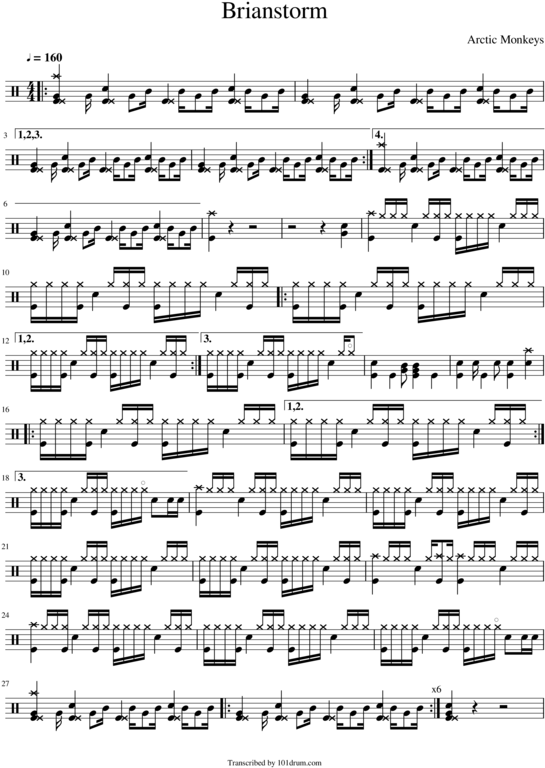 Arctic Monkeys - Brianstorm - Arctic Monkeys Brianstorm Drum Music (595x842), Png Download