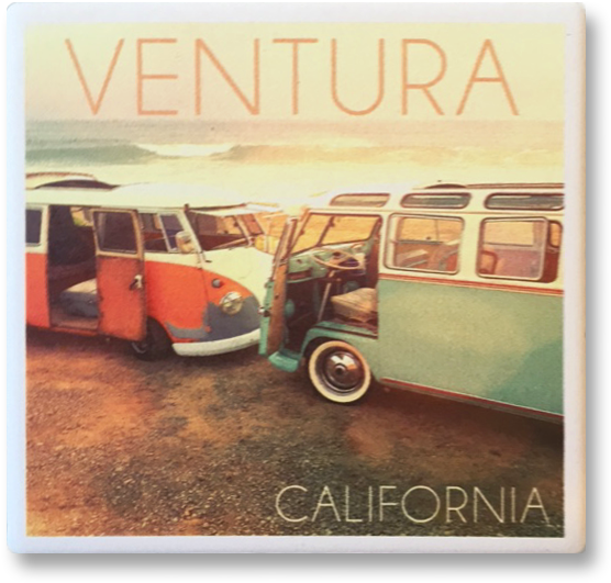 Vw Surf Van Coaster - Vintage Vans Parked On Beach Photo Art Print Poster (584x558), Png Download