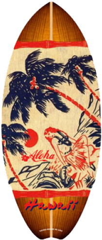 Vintage Hula Mini Surfboard - Hula Girl Palm Tree Kc Hawaii Wood Mini Surfboard 8.5 (500x500), Png Download