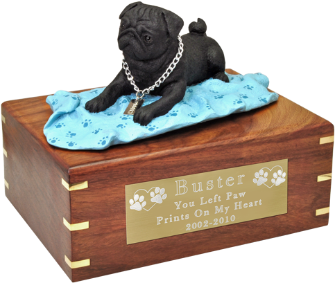 Black Pug On Blanket Wood Urn With Engraved Plaque - Pug (500x500), Png Download
