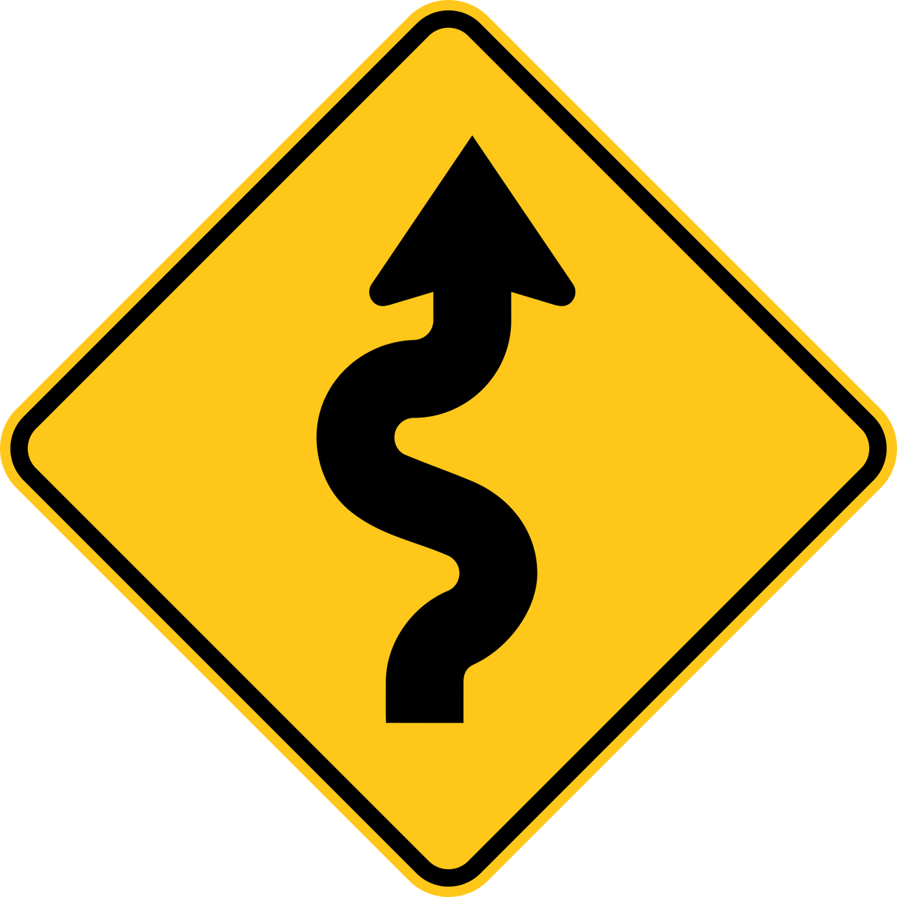 Winding Road Right Warning Trail Sign Yellow - Pedestrian Crossing Sign (1280x1280), Png Download