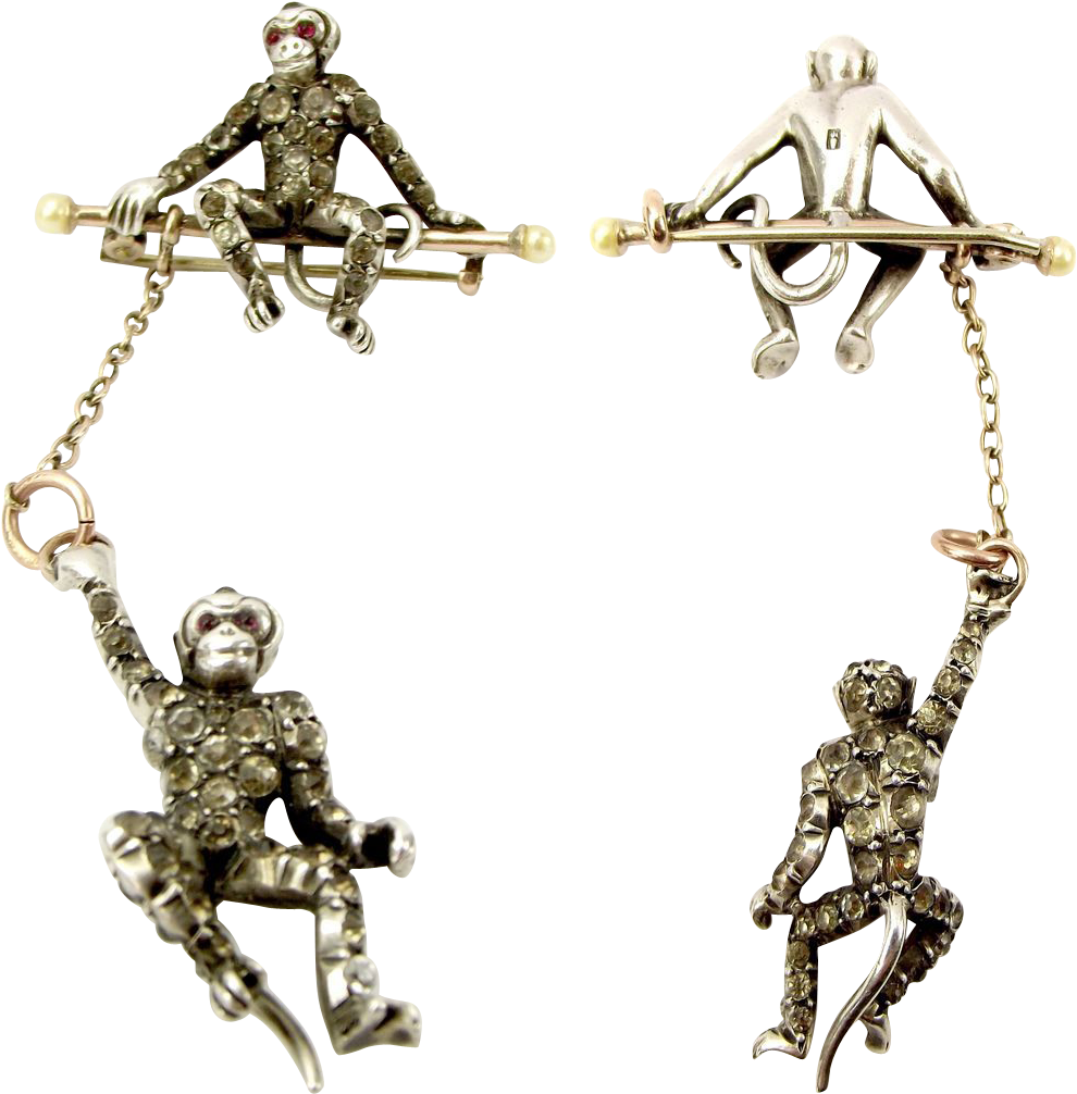 Antique Sterling & 9ct Gold Hanging Monkey Paste Pin/brooch - Charm Bracelet (1005x1005), Png Download
