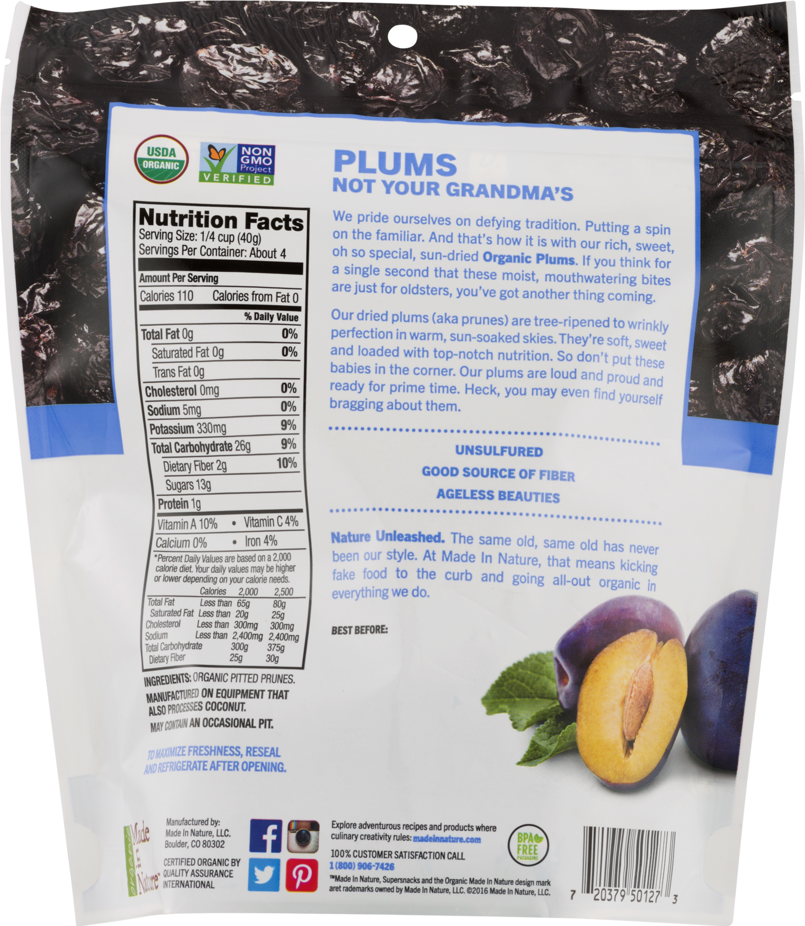 Made In Nature Organic Dried Fruit Super Snacks, Plums, - Made In Nature, Organic Dried Plums, Well Pruned Supersnacks, (1800x1800), Png Download