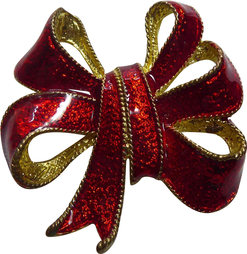 Bright Red Enamel Christmas Bow Brooch Signed Tc Found - Brooch (854x854), Png Download