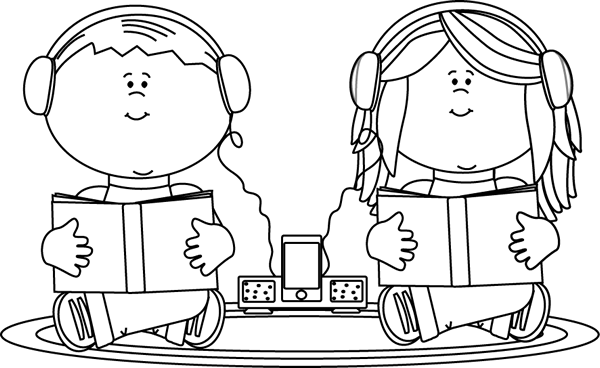 School Kids On Rug Listening To Books Black - Reading Centers Clipart Black And White (600x368), Png Download