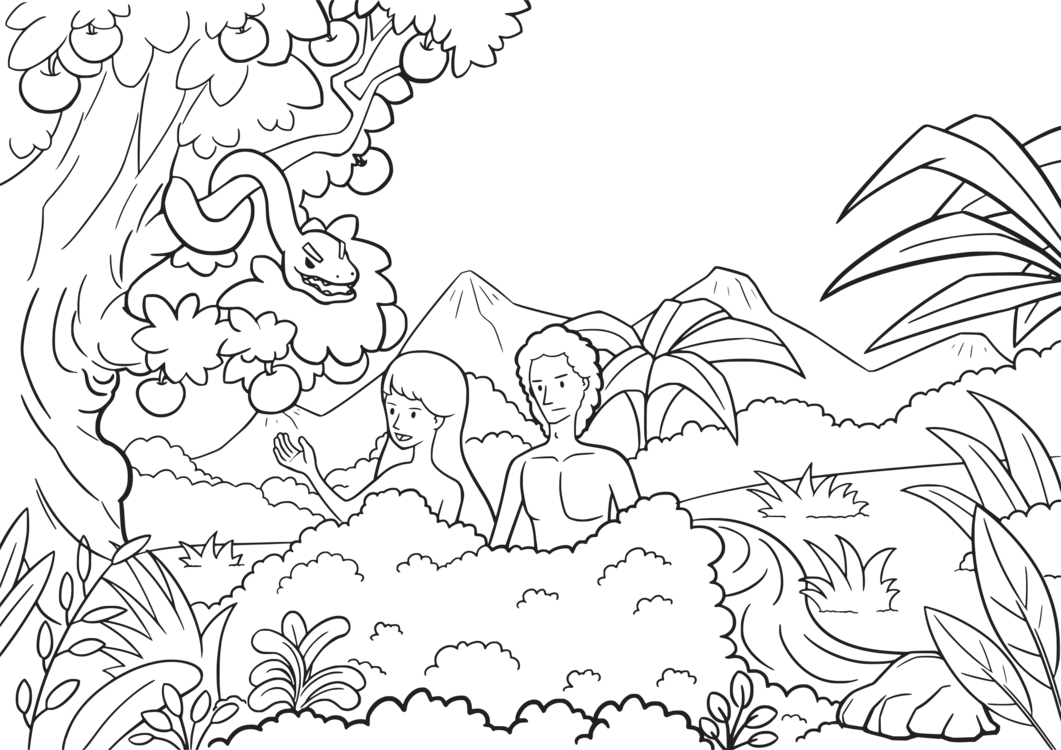 Bible Garden Of Eden Adam And Eve Coloring Book Child - Adam And Eve Black And White Clipart (1061x750), Png Download