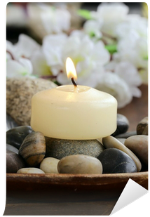 Still Life A Lit Candle And Stones On Wooden Background - Candle (400x400), Png Download