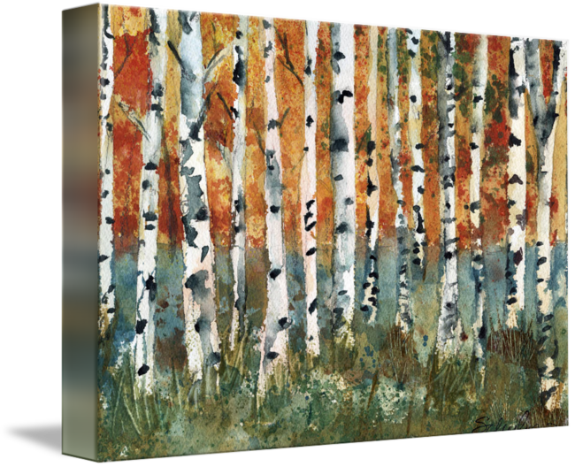 Birch Tree Paintings On Canvas Unique Tree Painting - Landscape Painting Art Watercolor Birch Trees Aspen (650x528), Png Download