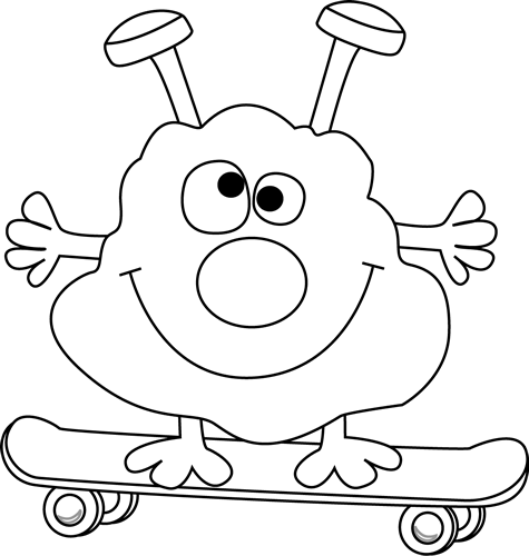Black And White Monster On A Skateboard - Cute Monster Clipart Black And White (475x500), Png Download