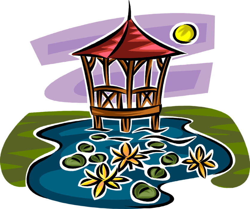 Vector Illustration Of Gazebo In Garden Pond With Lily - Gazebo Vector (837x700), Png Download