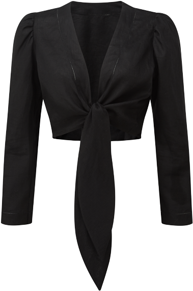 Pouf Sleeve Black Linen Tie Blouse - Blouse (414x600), Png Download