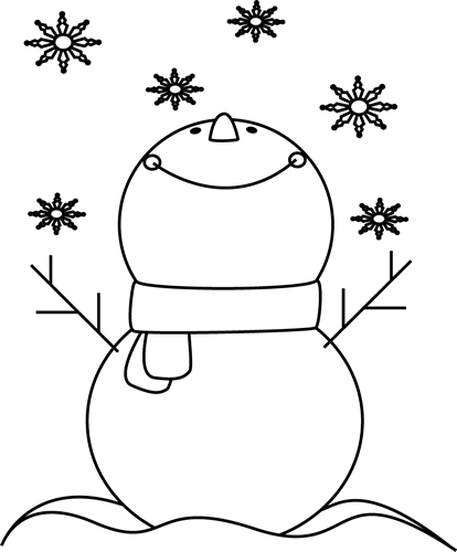 Black And White Snowman Catching Snowflakes Clip Art - Black And White Winter Png (414x500), Png Download