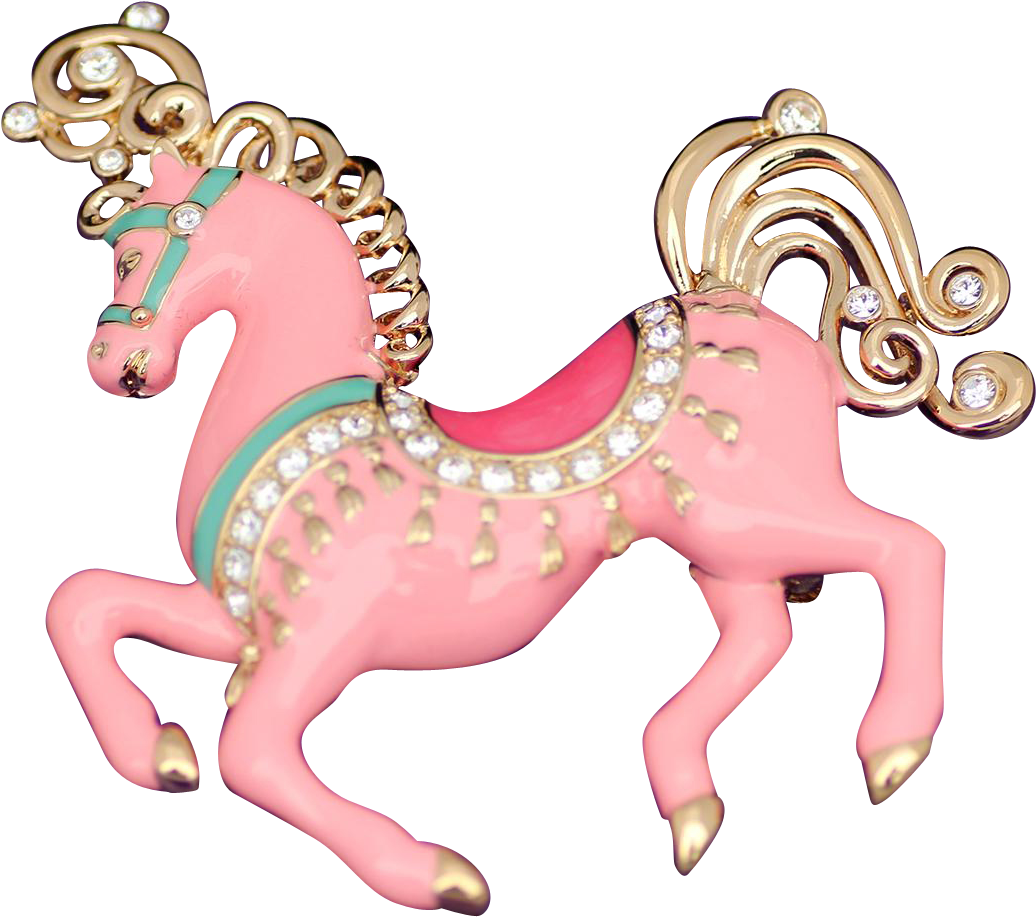 Bob Mackie Pink Enamel Rhinestone Carousel Horse Brooch - Pony Carousel Horse Png (1035x1035), Png Download