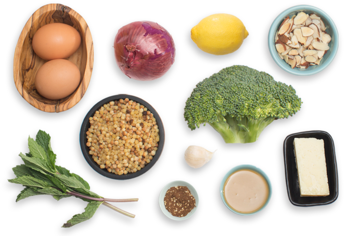 Roasted Broccoli & Fregola Sarda Salad With Hard-boiled - Eggs Top View Png (700x477), Png Download