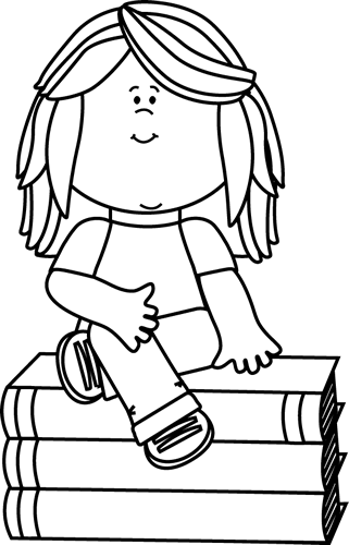 Black And White Little Girl Sitting On Books Clip Art - School Border Black And White (321x500), Png Download