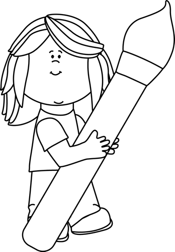 Black And White Girl Holding A Giant Paint Brush - Paint Brush In Black And White (348x500), Png Download