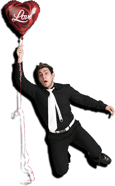Suprised Man Flying Love Balloon - Man With Balloon Png (377x610), Png Download