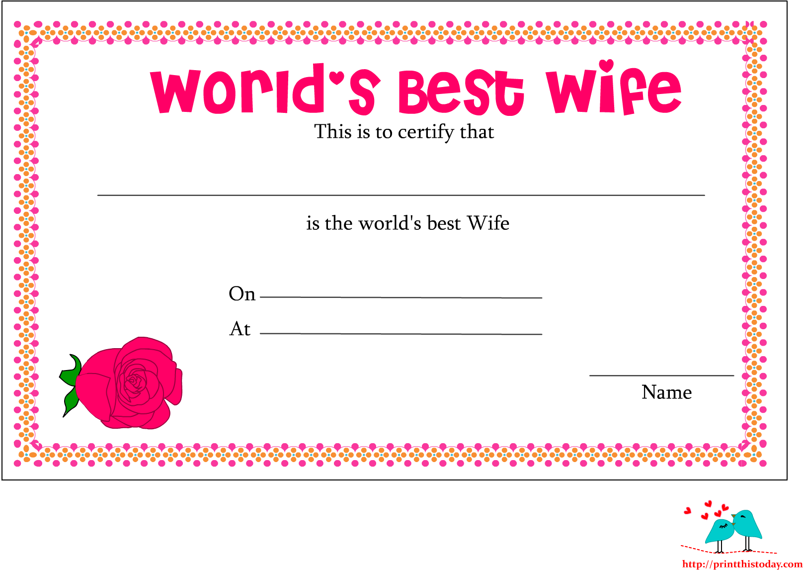 World's Best Wife Certificate With Red Rose - World's Best Wife Certificate Template (1650x1275), Png Download
