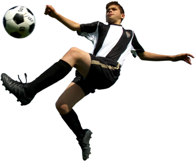 A Boy In A Black And White Football Kit Leaping In - Soccer Kick (640x360), Png Download