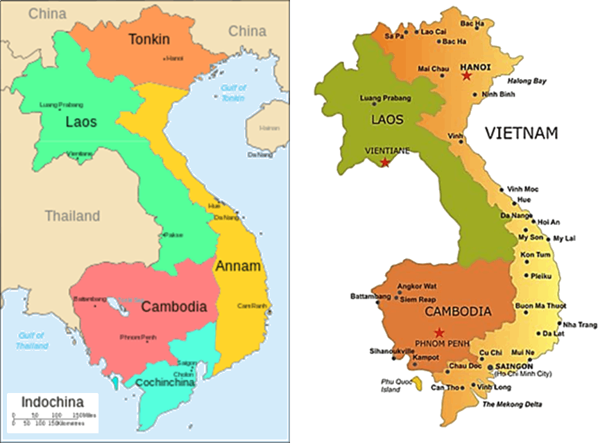 Image Of Indo-china Included Vietnam, Laos And Cambodia - Cambodia Vietnam Map (862x638), Png Download