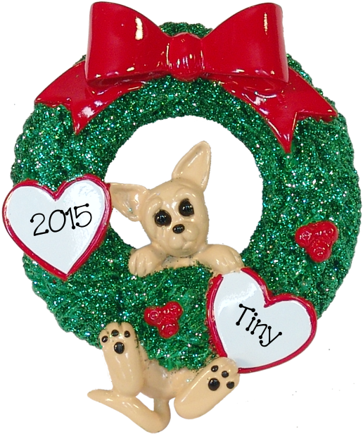Chihuahua Puppy Hanging On To Wreath Christmas Ornament - Christmas Ornament (556x654), Png Download