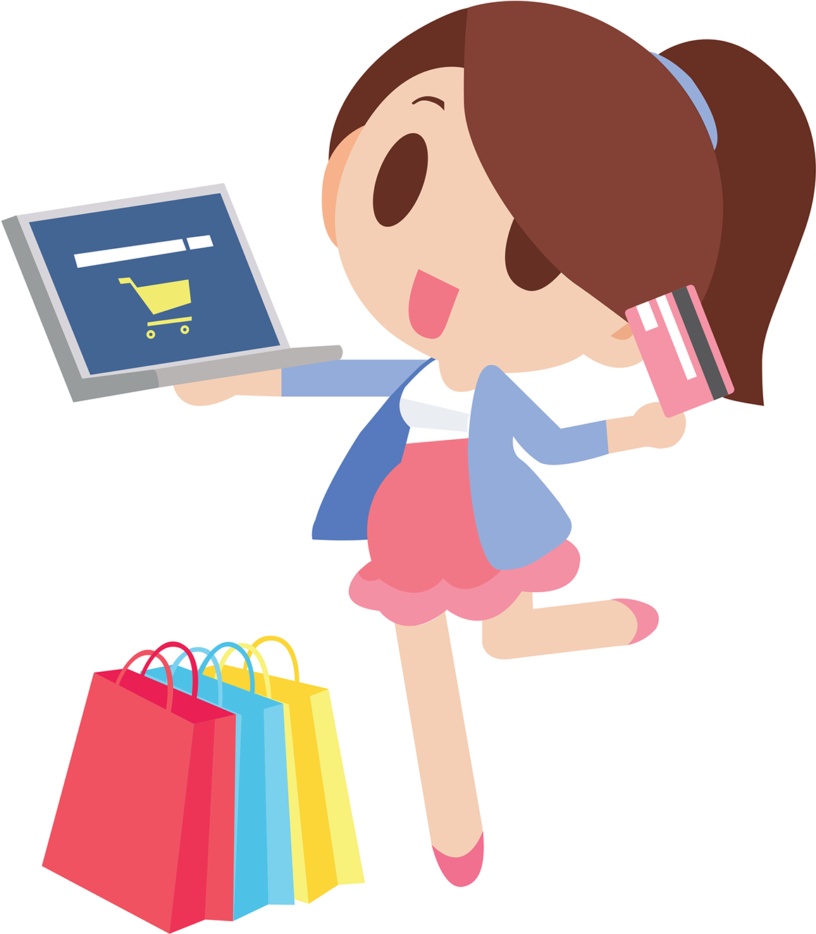 Cartoon Smartphone Helping A Woman To Go Shopping - Go Shopping Cartoon Png (1200x1366), Png Download