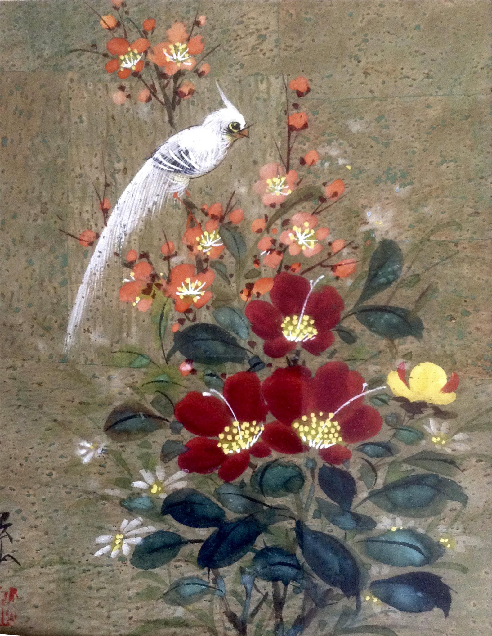 White Bird With Red Flowers Signed By Artist Watercolor - Watercolor Painting (2048x2048), Png Download
