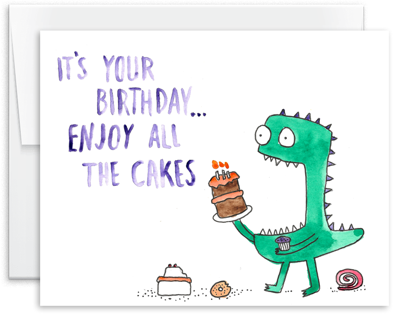 Enjoy All The Cakes Monster Birthday Watercolor Greeting - Cartoon (1000x1000), Png Download