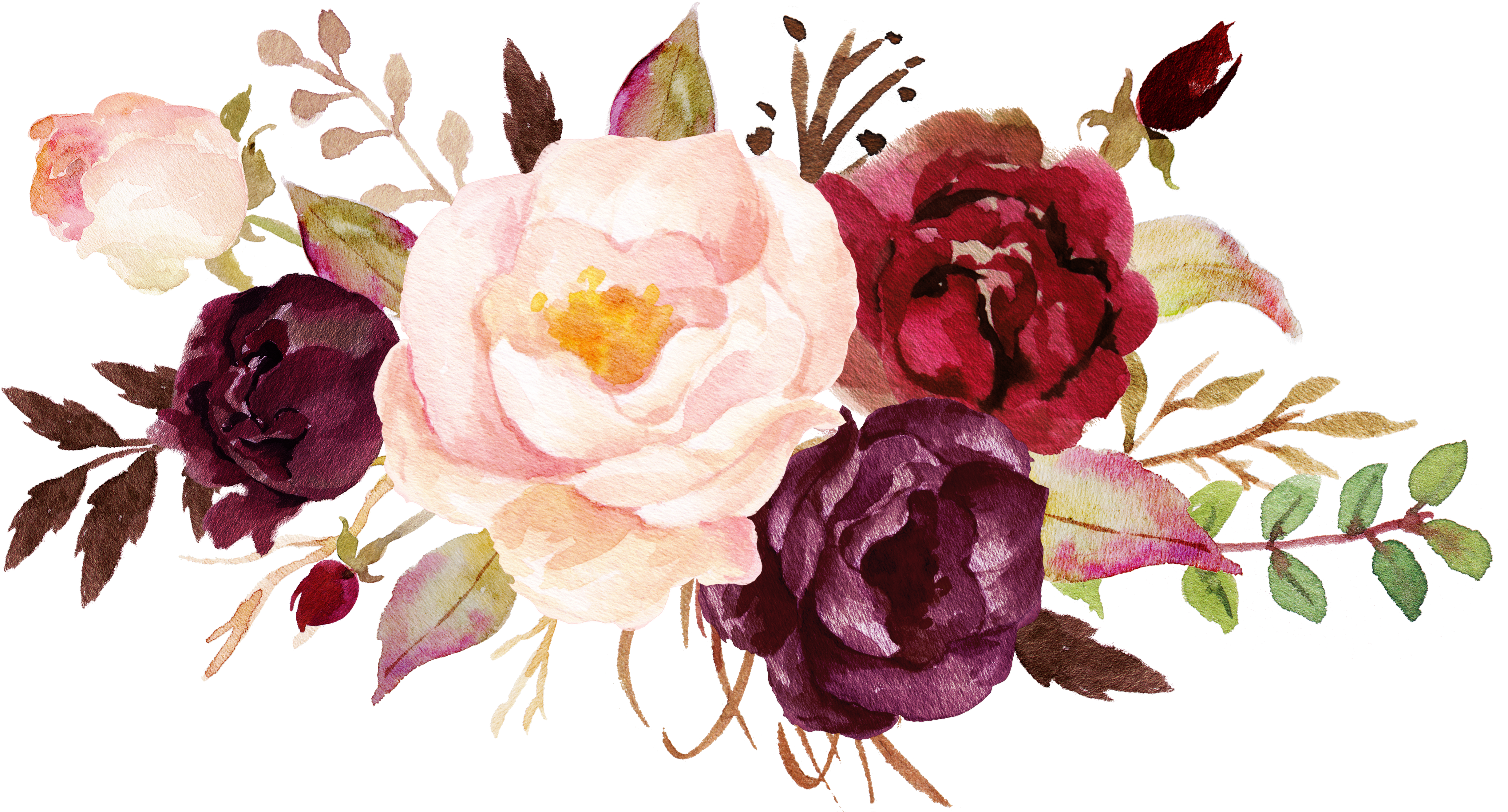 Wedding Invitation Flower Girl Watercolor Painting - Burgundy Watercolor Flowers Png (4980x2642), Png Download