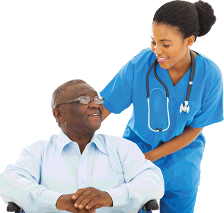 *waiting Periods Apply Nurse Talking To Man In A Wheelchair - Happy Nurse And Patient (443x420), Png Download