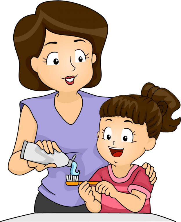 Download Mother And Kid Brushing Teeth Clipart Tooth - Baby Brushing Teeth Cartoon (624x768), Png Download