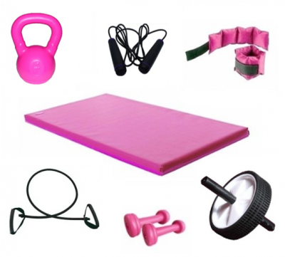 Kit Entrenamiento Rosa Colchoneta Tobilleras 1k Pesas - Ab Wheel (640x360), Png Download
