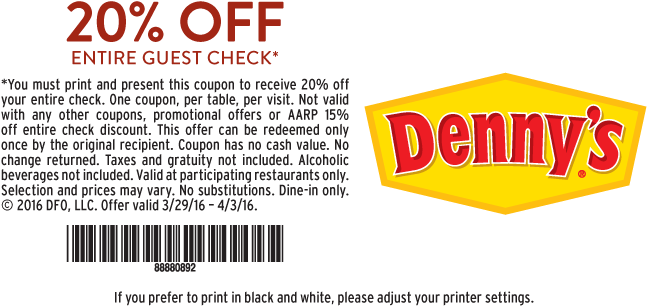 You Can Take 20% Off Your Entire Check At Denny's Until - Dennys Coupons December 2016 (650x328), Png Download