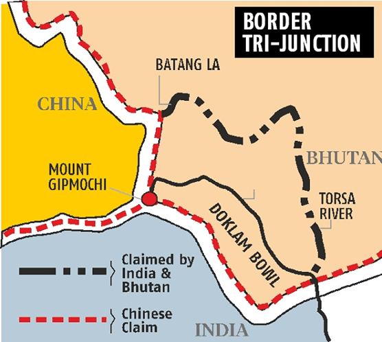 Map Shows The Border Of Tri-junction - Doklam Standoff India China (556x498), Png Download