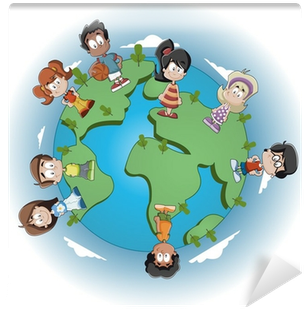 Cute Happy Cartoon Kids Over Earth Planet Self-adhesive - Unidad Didactica Reciclaje (400x400), Png Download