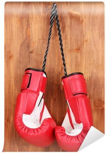 Red Boxing Gloves Hanging On Wooden Background Wall - Boxing (400x400), Png Download