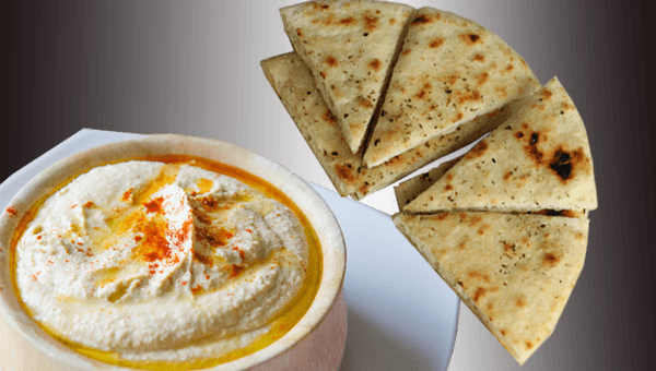 Hummus & Pita Bread - Hummus And Pita Png (600x340), Png Download