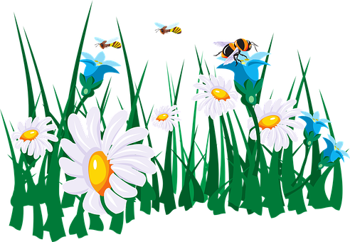 Garden Clipart Bee - Bee On Flowers Clipart (492x340), Png Download