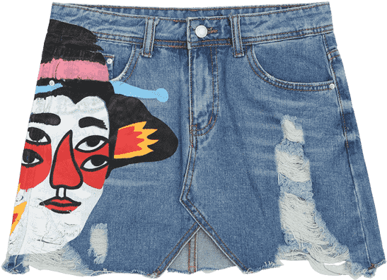 Ripped Figure Graphic Denim Skirt - Floral-print Skirt (558x744), Png Download