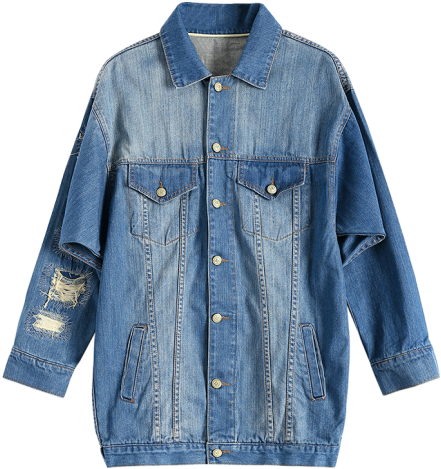 Turn-down Collar Long Sleeve Button Down Ripped Denim - Pocket (600x600), Png Download