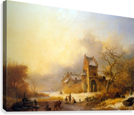 Figures On A Frozen River In A Winter Landscape Canvas - Painting (429x367), Png Download